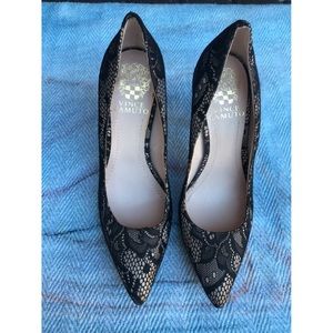Vince Camuto Black Nude Lace Satin Pumps, size 5.5